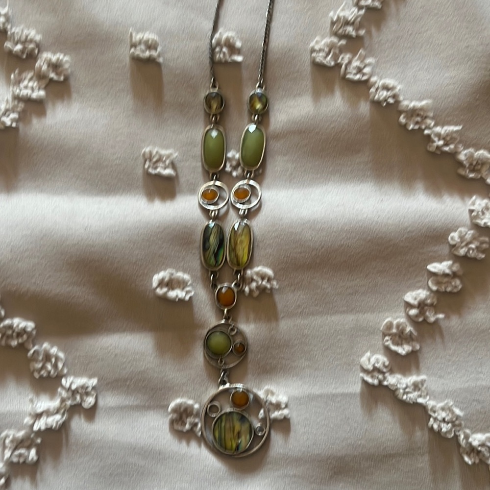 Abalone and amber silver tone necklace unique. BoHo hippie festival